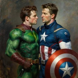 stephen amell as the green arrow embracing chris evans as captain america, painting by gaston bussiere, craig mullins, j. c. leyendecker