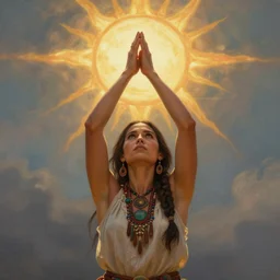 indigenous woman starring at the sky, with arms up, praying at the sun, weared as dnd thitef, face of kate beckinsale, gorgeous female, matte painting, fantasy art