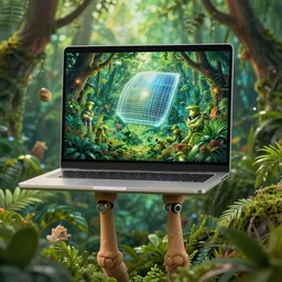 studio ghibli, laptop which has human legs, jungle, solar, green technology, optimist future by asher durand. intricate artwork by tooth wu and wlop and beeple and dan mumford and greg rutkowski and nekroxiii. halo. octane render, cinematic, hyper realism, octane render, 8 k, depth of field, bokeh. iridescent accents. vibrant