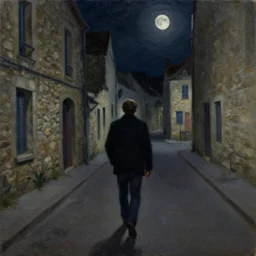 minimalist street photography portrait, a painting of time flying by in barbes rochechouart, regrets, melancholy, absent father, odissey, gritty feeling, moon, moonlight, at night, wandering in the city, stone, chaotic punk, oil painting, by francis bacon, by beksinski, by kurosawa, by kiarostami, intense emotion