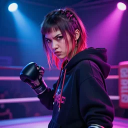 tomboy cyberpunk goddess in hoodie in a fighting ring, side portrait, vi, angry, striking, defiant, spotlight, vibrant colors, beautiful eyes, by marco paludet and gianni strino and marion bolognesi