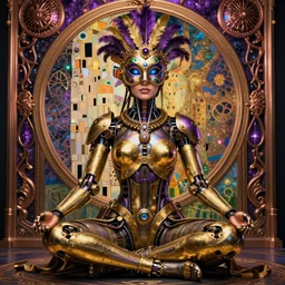 photo of a sitting meditating beautiful female steampunk half cyborg with a brasilian carneval mask, artwork by james jean, hyperdetailed realistic gold and purple metallic, the eyes glow blue, jean delville, art nouveau, gustav klimt, ornate copper patina gothic icon, james jean, ultrasharp hyperdetailed photorealistic octane render, long shot,