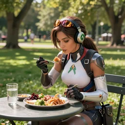 Tracer from overwatch eating lunch on a nice sunny day in the park