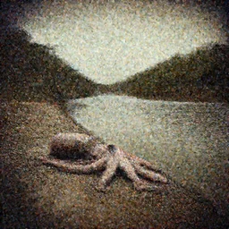 wide angle river, low angle panorama scary unproportionable dead body of octopus on side of the tribal river, heavy vignette, dramatic dark ,1900s picture