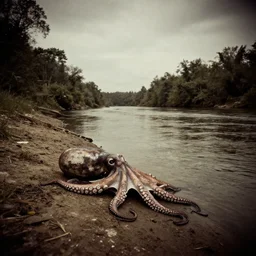 wide angle river, low angle panorama scary unproportionable dead body of octopus on side of the tribal river, heavy vignette, dramatic dark ,1900s picture