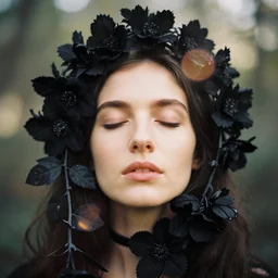 An analog head and shoulder face photography of a woman surrounded by black flowers and vines and leaves by Maxim Nikolaev. closed eyes. Kodak Portra 800 film. Depth of field. whirl bokeh. Sunshine. detailed. hq. realistic. warm light. muted colors. Moody. Filmic. Dreamy. lens flare. Leica M9, f/1.2, symmetrical balance, in-frame