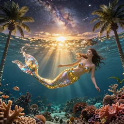 glimmering mermaid swimming underwater, golden hour, god rays, coral reef, dreamscape by artgerm and ruan jia and ismail inceoglu and greg olsen, cosmos, milky way galaxy, masterpiece, beautiful, intricate, elegant, highly detailed, palm trees