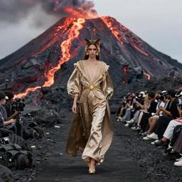 A designer fashion Catwalk on a active volcano with lava, Fashion Photography, Octane, Redshift, High Detail