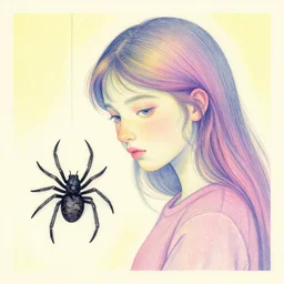 a girl with a spider, xilography, bright pastel colors