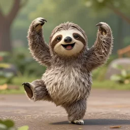 an anthropomorphic sloth dancing with joy zoomed out