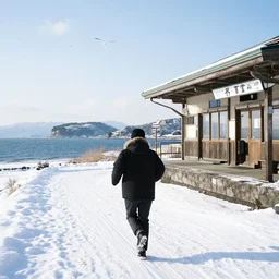 enoden running in the snow near shonan kaigan koen station, throwback,