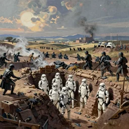 world war 1 landscape in star wars, trench warfare, stormtroopers hiding in trenches, atmospheric, beautiful lighting, painted by john howe and greg rutkowski