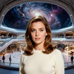 face portrait of Mila Kunis standing in an enormous luminal space ship lobby with grand vistas, nebula, 1970, Ludek Pesek, Rick Guidice, Chesley Bonestell, Lucien Rudaux, Rolf Klep, Fred Freeman, George Pal