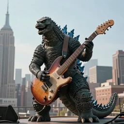 a cinematic photo of  Godzilla playing electric guitar, New York city as backdrop, render, ultra realistic, photorealism, cgsociety