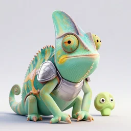 high quality 3 d render hyperrealist very cute happy chameleon wearing armor, vray smooth, detective pikachu, very dramatic light, low angle, uhd 8 k, shallow depth or field