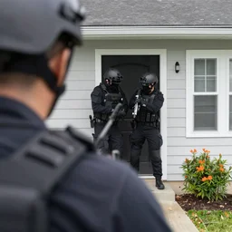 an over shoulder from behind shot of swat breaching a house