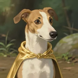 cute white brown greyhound wearing golden cape, natural lighting, path traced, highly detailed, high quality, digital painting, by don bluth and ross tran and studio ghibli and alphonse mucha, artgerm