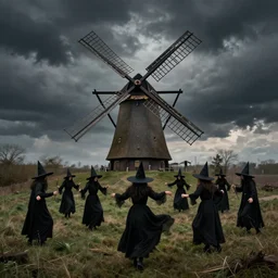 surreal dutch landscape, witches dance, dark clouds, windmill, spanish inquisition