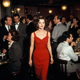 photograph of film a noir jazz bar, crowds of people, she arrived in a red dress, cinematography by john alton, burnet guffey, john seitz.