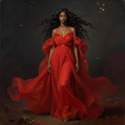 a brown skinned goddess with long dark curly hair and a red dress, windy, golden details, shooting stars, stoic, modern, shes alone, maximalist fashion dress, hyperdetailed, dramatic, epic painting, painted by jean honore fragonard and greg rutkowski, full body, octane render, sharpness, 8 k, golden ratio