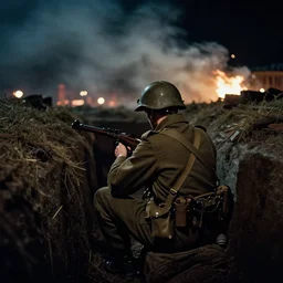 an photograph of a ww 2 soldier from the back sitting in a trench at night. in the background there is smoke and fire. christopher nolan style. cinematic!! shot. movie film frame. cinematography. detailed. hq. in - frame. imax. anamorphic!! film. anamorphic bokeh!!!. kodak. helios 4 4 m.