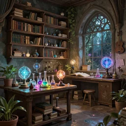 intricate fantasy wizard lab. shelves lined with books and experiments, tables with lab glassware and glowing orbs of energy, an indoor potted plant, digital art inspired by artstation