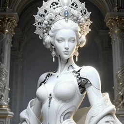portrait of an absurdly beautiful, graceful, sophisticated, fashionable cyberpunk mechanoid, hyperdetailed illustration by irakli nadar and vania zouravliov, matt wisniewski style, intricate linework, white porcelain skin, faberge headdress, unreal engine 5 highly rendered, global illumination, radiant light, detailed and intricate environment