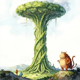 an endless giant beanstalk, art by h j ford and warwick globe and brian froud, fantasy book, watercolor illustration