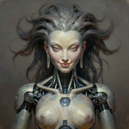 perfectly centered symmetrical portrait, front view of a beautiful biomechanical android alien robot buddha, female, flowing hair, intense stare, sarcastic smile, symmetrical, concept art, intricate detail, volumetric shadows and lighting, realistic oil painting by alex grey and gustave dore,