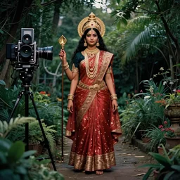 a cinematic fashion portrait of Hindu goddess standing in a beautiful garden, by Tim Walker amd Gregory Crewdson, shot on a large format film camera, HDR, HD, dramatic soft lighting,