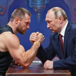 vladimir putin arm wrestling with vladimir zelenskiy color painting hyperrealism old sci fi style