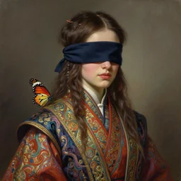 character concept portrait, blindfolded hag with a butterfly on her shoulder, digital painting, detailed, highly detailed, vivid colorful ornate robes, smooth, sharp focus, illustration by ruan jia and mandy jurgens and william - adolphe bouguereau, artgerm
