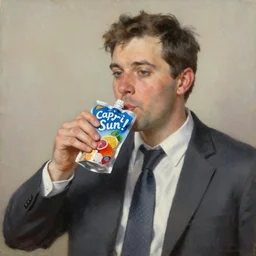 a business man drinking a fruit punch capri sun pouch, capri sun!, portrait, oil painting