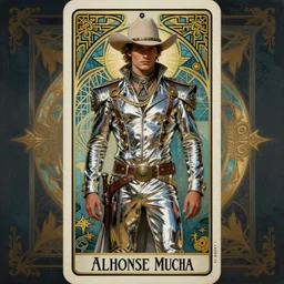 a dramatic ethereal epic symmetrical painting of a handsome cowboy in a chrome outfit | tarot card, art deco, art nouveau,  (steampunk), homoerotic, realistic | by Greg Rutkowski, by Mark Maggiori and ((((Alphonse Mucha))) | trending on artstation