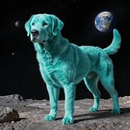 a photograph of a huge turquoise colored dog in space