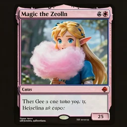 Link from the legend of Zelda with hair made out of cotton candy, Magic the gathering card art.
