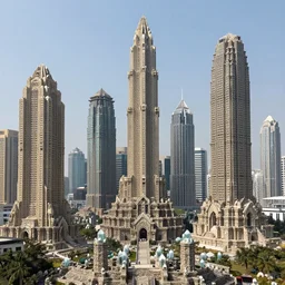 a landscape filled with ancient ruined skyscrapers made of stone and crystal