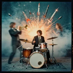 kodak portra 4 0 0, wetplate, muted colours, teal orange, drum set, trumpet, 1 9 1 0 s style, motion blur, portrait photo of a backdrop, explosions, rockets, bombs, sparkling, stargazer, snow, fog, steampunk, by georges melies and by britt marling