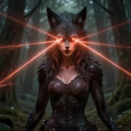 attractive female werewolf with lasers shooting from her eyes in the forest, highly detailed, artstation, intricate, smooth, sharp focus, dark, horror, illustration, art by greg rutkowski, good clear quality, dynamic lighting, warm lighting, symmetrical artwork, cinematic, hyper realism, high detail, octane
