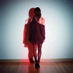 she sees her own shadow cast in red light and outlined on the floor below her and what she sees is perfect