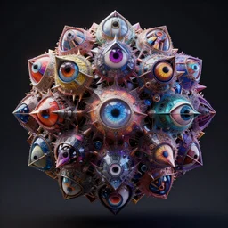 a multicolor fractal mandelbulb gaztec demon with multiple eyes by alex gray, android jones, karol bak, ayami kojima, artgerm, concept art, sharp angles, robot, 3 d, octane render, 8 k, unreal engine
