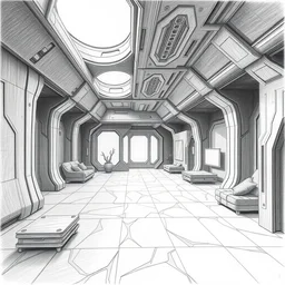 photo of a pencil drawing of concept art of interiors of futuristic house, aggressive aesthetic, pencil drawing, extreme perspective, super detailed, texture paper, handmade
