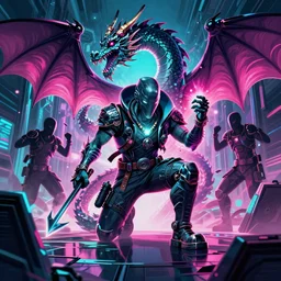 cyberpunk wizard summoning a dragon, fine detail, 4 k, neon lighting