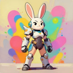 cartoony, happy Greg Manchess portrait painting of a rabbit woman character from overwatch, armor, full shot, asymmetrical, splashscreen, Organic Painting, sunny day, Matte Painting, bold shapes, hard edges, cybernetic, street art, trending on artstation, by Huang Guangjian and Gil Elvgren and Sachin Teng