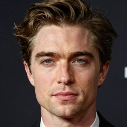 closeup headshot photo of the man in his 40s who is the combination of Robert Pattinson and Danny DeVito