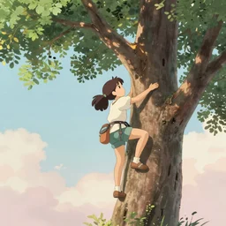 a girl climbing a very tall tree. detailed artworks, cinematic quality, ghibli, pastel tone.