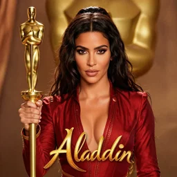 kim kardashian in alladin live action, 8k full HD photo, cinematic lighting, anatomically correct, oscar award winning, action filled, correct eye placement,