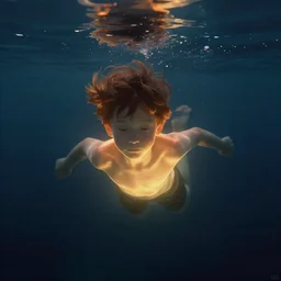 digital art - a boy underwater with warm light inside it dark cold atmoshperic by darek zabrocki, trending on artstation