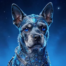 a beautiful portrait of a cute cyberpunk dog with blue tinted starfield in the background by greg rutkowski and wlop, digital art, highly detailed, fine detail, intricate, ornate, complex