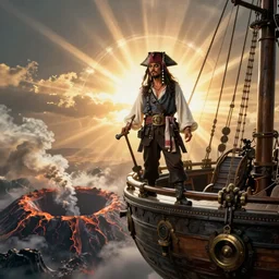 a pirate standing on a fantasy skyship overlooking smoking crater, photo realistic, realistic lighting